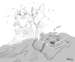  akella anthro badger bed bouquet canid canine disney dream duo ear_piercing female fox furniture greyscale honey_badger honey_badger_(zootopia) looking_at_viewer male mammal monochrome mustelid musteline necktie nick_wilde on_bed piercing sleeping smile under_covers wedding zootopia 