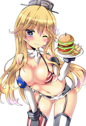  american_flag american_flag_bikini american_flag_print bad_id bad_pixiv_id bikini bikini_top_only blonde_hair blue_eyes breasts burger cleavage commentary_request elbow_gloves female flag_print food garter_straps gloves iowa_(kancolle) kantai_collection large_breasts leaning_forward long_hair miniskirt one_eye_closed potato_wedges print_bikini skirt solo star-shaped_pupils star_(symbol) striped_clothes striped_thighhighs swimsuit symbol-shaped_pupils thighhighs vertical-striped_clothes vertical-striped_thighhighs yoroi_nau 