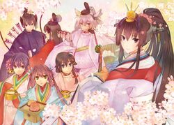  6+girls :o akagi_(kancolle) akebono_(kancolle) alternate_costume arrow_(projectile) asagumo_(kancolle) bell black_hair blue_eyes bow braid brown_eyes brown_hair cherry_blossoms commentary_request floral_background flower glasses green_eyes grey_hair hair_bell hair_flaps hair_flower hair_ornament hair_ribbon hand_fan headgear hinamatsuri hirabitai japanese_clothes jingle_bell kaga_(kancolle) kantai_collection long_hair looking_at_viewer md5_mismatch multiple_girls musashi_(kancolle) open_mouth paper_fan purple_eyes purple_hair resolution_mismatch ribbon saishi shigure_(kancolle) shigure_kai_ni_(kancolle) short_hair side_braid side_ponytail smile source_larger twintails yamato_(kancolle) yanami_(yanayana_company) 