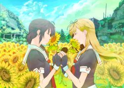  2girls ahoge black_gloves black_hair black_ribbon blonde_hair braid closed_eyes commentary_request field fingerless_gloves flower flower_field gloves hair_flaps hair_ribbon half-closed_eye hands_up holding holding_flower kantai_collection long_hair looking_at_another multiple_girls neckerchief outdoors red_neckerchief ribbon sailor_collar school_uniform shigure_(kancolle) shigure_kai_ni_(kancolle) single_braid smelling_flower sunflower sunflower_field yanami_(yanayana_company) yuudachi_(kancolle) yuudachi_kai_ni_(kancolle) 