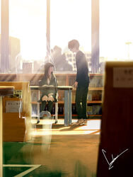  1boy 2girls black_hair blurry book bookshelf chair commentary_request depth_of_field fujimoto_shuuji ghost hanejima_sora indoors library long_hair loundraw multiple_girls no_eyes reikan_kentei school_uniform short_hair signature silhouette sitting sunlight table talking transparent window 