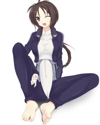  bad_id bad_pixiv_id barefoot bodysuit breasts brown_hair cameltoe covered_navel feet female fingerless_gloves gloves highres kyoukaisenjou_no_horizon long_hair medium_breasts nagamon_(nagamonian) one_eye_closed open_mouth oriotorai_makiko photoshop_(medium) purple_eyes solo 