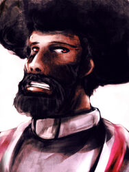  1boy afro beard black_hair brown_eyes commentary_request facial_hair garterbelt_(psg) huge_afro male_focus panty_&amp;_stocking_with_garterbelt portrait realistic solo tanashi_(mk2) 