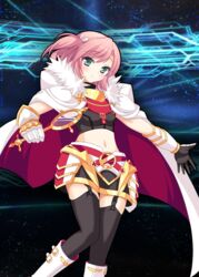  adapted_costume astolfo_(fate) astolfo_(fate)_(cosplay) breasts cape commentary_request cosplay crop_top derivative_work fate/apocrypha fate/grand_order fate_(series) female green_eyes hair_ribbon kirua_(nikohina) looking_at_viewer midriff navel pink_hair ribbon selector_wixoss short_hair side_ponytail skirt small_breasts smile solo tawil_(wixoss) thighhighs wixoss 