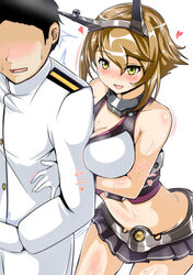  1boy absurdres admiral_(kancolle) ass between_breasts black_hair black_skirt blush breasts brown_hair cleavage collarbone commentary_request curvy faceless faceless_male female gloves green_eyes hair_between_eyes headgear heart highres hug hug_from_behind jacket kantai_collection large_breasts leaning_forward midriff miniskirt mutsu_(kancolle) navel open_mouth photoshop_(medium) pleated_skirt sangyou_haikibutsu_a short_hair simple_background skindentation skirt smile straight striped_clothes striped_skirt trembling white_background white_gloves white_jacket 