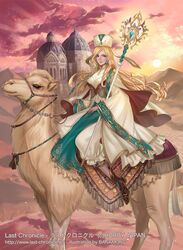  bad_id bad_pixiv_id banamons blonde_hair blue_eyes camel cape commentary_request copyright_name desert dress earrings female hat jewelry last_chronicle long_hair looking_at_viewer reins riding staff sun white_dress 