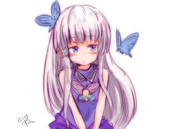  bare_shoulders blue_butterfly bug butterfly commentary_request female hair_ornament koko_(hm142533) long_hair odette_(sennen_sensou_aigis) purple_eyes sennen_sensou_aigis solo upper_body white_hair 