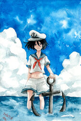  anchor black_hair cloud commentary_request crop_top day female hat midriff murasa_minamitsu navel ocean painting_(medium) pinkxxxna sailor sailor_hat short_hair short_sleeves shorts signature sky solo summer touhou traditional_media wading water watercolor_(medium) white_shorts 