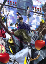  1boy 6+girls ahoge apple black_hair blanket bob_cut brown_eyes building city cloud commentary_request crazy day destruction flower food from_below fruit fuura_kafuka geta glasses hair_ornament hair_over_one_eye hairclip hakama hakama_skirt hitou_nami itoshiki_nozomu japanese_clothes junshi_(junbox) kimono kitsu_chiri kneehighs komori_kiri lineup loafers long_hair megaphone microphone multiple_girls noose parted_bangs perspective petals pleated_skirt pose profile ribbon ringo_mogire_beam road_sign rope ruins sanosuke sayonara_zetsubou_sensei scenery school_uniform scythe serafuku shoes short_hair shovel sickle sign sitting skirt sky smile socks standing tabi tree tsunetsuki_matoi ufo weapon wind 