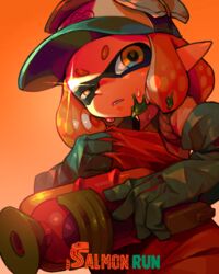  baseball_cap commentary elbow_gloves eyebrows female gloves hat holding holding_weapon inkling inkling_girl inkling_player_character lens_flare orange_eyes orange_hair otnweo pointy_ears salmon_run_(splatoon) short_hair solo splatoon_(series) splatoon_2 splattershot_(splatoon) tentacle_hair weapon 