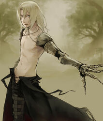  1boy arita_youko armor blonde_hair blue_eyes commentary_request long_hair male_focus solo sydney_losstarot topless_male vagrant_story 