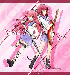  2girls angel_beats! ankle_lace-up boots cofi_(eternal) commentary_request cross cross-laced_footwear electric_guitar guitar hair_ribbon instrument iwasawa_masami long_hair microphone microphone_stand multiple_girls one_eye_closed pink_eyes pink_hair pleated_skirt red_eyes red_hair ribbon school_uniform serafuku shinda_sekai_sensen_uniform short_hair skirt sleeves_rolled_up smile thigh_strap yui_(angel_beats!) 