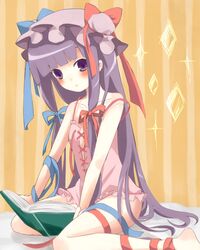  book commentary_request female hat highres long_hair patchouli_knowledge purple_eyes purple_hair sailor_antei solo strap_slip touhou 