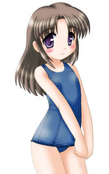  brown_hair commentary_request female flat_chest long_hair neopure nonohara_yui one-piece_swimsuit photoshop_(medium) purple_eyes school_swimsuit solo swimsuit tsuki_wa_higashi_ni_hi_wa_nishi_ni 