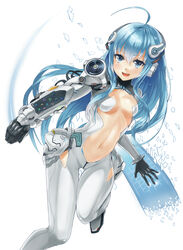  :d ahoge bad_id bad_pixiv_id blue_eyes blue_hair bodysuit breasts center_opening female headphones heirou highres keypad mechanical_arms medium_breasts open_mouth original single_mechanical_arm smile 