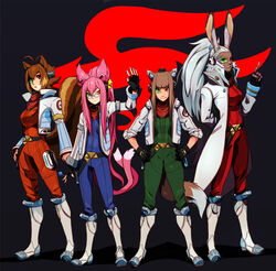  4girls animal_ears antenna_hair arm_behind_back blazblue bomber_jacket breasts brown_eyes brown_hair candy cat_ears cat_tail commentary commission cosplay crossover dark-skinned_female dark_skin eymbee falco_lombardi falco_lombardi_(cosplay) final_fantasy final_fantasy_xii fingerless_gloves fingernails flat_chest food fox_mccloud fox_mccloud_(cosplay) fran_(ff12) full_body glasses gloves green-tinted_eyewear grin hands_on_own_hips headset high_ponytail holo holster index_finger_raised jacket kokonoe_(blazblue) large_breasts lollipop long_coat long_fingernails long_hair makoto_nanaya medium_breasts multicolored_hair multiple_crossover multiple_girls multiple_tails neckerchief open_clothes open_jacket orange_eyes peppy_hare pilot_suit pince-nez pink_hair rabbit_ears red_eyes scouter short_hair simple_background sleeves_pushed_up slippy_toad smile spice_and_wolf squirrel_ears squirrel_girl squirrel_tail standing star_fox tail thigh_holster tinted_eyewear trait_connection two-tone_hair two_side_up very_long_hair viera white_hair wolf_ears wolf_girl wolf_tail 