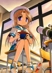  blue_eyes brown_hair casual commentary_request desk dress female from_below globe hat kurosu_tsugutoshi long_hair no_socks nonohara_yui sailor_dress school_desk sitting solo telescope tsuki_wa_higashi_ni_hi_wa_nishi_ni 