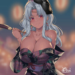  artist_name breasts chocolate_banana cleavage collar collarbone commentary_request daniella_(sennen_sensou_aigis) dark-skinned_female dark_skin earrings female floral_print food holding holding_food huge_breasts japanese_clothes jewelry kimono light_green_hair long_hair long_sleeves looking_at_viewer mask mask_on_head obui off_shoulder red_eyes sennen_sensou_aigis smile solo upper_body 