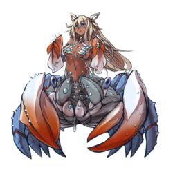  blonde_hair blue_eyes breasts cancer_(monster_girl_encyclopedia) crab_girl dark_skin large_breasts monster_girl no_background original sud_(artist) 