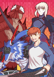  3boys archer_(fate) archer_(prisma_illya) artoria_pendragon_(fate) blonde_hair commentary cu_chulainn_(fate) cu_chulainn_(prisma_illya) emiya_shirou english_commentary fate/kaleid_liner_prisma_illya fate/stay_night fate_(series) female gae_bolg_(fate) multiple_boys polearm red_hair saber_alter spear tan weapon wolf yellow_eyes yuemaru 