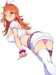  ahoge antenna_hair ass bare_shoulders blush bow commentary_request female h-a-j-i-m-a-r-i-u-t-a-!! hairbow long_hair looking_at_viewer one_eye_closed open_mouth orange_hair panties pantyshot pink_panties red_eyes smile solo thighhighs tokyo_7th_sisters tomohiro_kai underwear usuta_sumire white_background white_thighhighs 