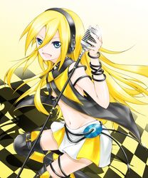  aqua_nails bare_shoulders blonde_hair blue_eyes boots cd checkered_floor cofi_(eternal) commentary_request female fingernails gimp_(medium) headphones lily_(vocaloid) long_hair microphone nail_polish open_mouth pleated_skirt skirt smile solo thigh_boots thighhighs vocaloid 