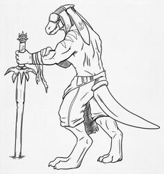  anthro athletic avoid_posting bandage bangaa blindfold bottomwear cel_shading clothed clothing dragoneer final_fantasy final_fantasy_xii male melee_weapon monochrome partially_clothed pose rear_view scar shaded shorts simple_background solo square_enix sword topless weapon 