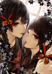  2girls black_hair black_serafuku braid brown_eyes bug butterfly butterfly_on_hand butterfly_on_head closed_mouth commentary_request crying crying_with_eyes_open eyeshadow face-to-face flower hug kamchatka_lily lipstick looking_ahead looking_at_viewer looking_past_viewer looking_to_the_side makeup multiple_girls orange_butterfly original parted_lips red_butterfly red_lips school_uniform serafuku sideways_glance tcb tears twin_braids yuri 