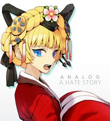  2gold analogue:_a_hate_story blonde_hair blue_eyes braid commentary copyright_name english_commentary female hair_bun hair_ornament hanbok korean_clothes mute_(analogue:_a_hate_story) oerba_yun_fang open_mouth short_hair single_hair_bun solo 