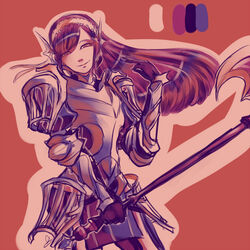  armor axe battle_axe black_gloves cherche_(fire_emblem) color_guide commentary_request crazy_smile dilaih female fire_emblem fire_emblem_awakening floating_hair gauntlets gloves hairband helswath holding holding_weapon lace-trimmed_hair_ornament limited_palette long_hair orange_background outline pauldrons plate_armor ribbon shoulder_armor signature simple_background smile solo weapon white_ribbon 