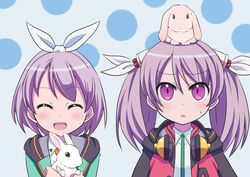  2girls :d ^_^ alternate_hair_color animal animal_hug animal_on_head blue_background blush closed_eyes collared_shirt commentary_request furrowed_brow hair_between_eyes hair_ribbon headphones headphones_around_neck jacket koriyuo multiple_girls on_head open_clothes open_jacket open_mouth pink_eyes polka_dot polka_dot_background purple_hair rabbit raramagi ribbon school_uniform shirt siblings sisters smile sweatdrop triangle_mouth twintails upper_body uzuki_manaka uzuki_sachi white_ribbon white_shirt wing_collar 