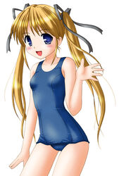  blonde_hair blue_eyes commentary_request female long_hair neopure photoshop_(medium) school_swimsuit shibugaki_matsuri solo swimsuit tsuki_wa_higashi_ni_hi_wa_nishi_ni twintails waving 