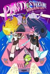  2boys 2girls bad_id bad_link brief_(psg) car chuck_(psg) commentary_request copyright_notice garterbelt_(psg) gun honekoneko_(psg) kojima_hirokazu motor_vehicle multiple_boys multiple_girls necktie official_art official_style panty_&amp;_stocking_with_garterbelt panty_(psg) plaid plaid_skirt school_uniform see-through_(psg) siblings sisters skirt stocking_(psg) sword watermark weapon 