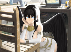  angel_wings black_hair black_wings blue_eyes breasts commentary_request computer detached_sleeves dress female figure laptop large_breasts long_hair mabinogi manga_(object) morrighan nao_(mabinogi) photoshop_(medium) shirajira sideboob solo wings 