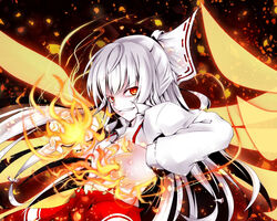  bow cofi_(eternal) commentary_request embers female fiery_wings fire fujiwara_no_mokou glowing glowing_eyes grin hair_ribbon hairbow long_hair red_eyes ribbon smile solo suspenders touhou white_hair wings 