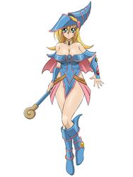  bare_legs bare_shoulders blonde_hair blush boots breasts dark_magician_girl female female full_body glamour_works green_eyes hat large_breasts legs long_hair no_bra solo wand wizard_hat yu-gi-oh! yuu-gi-ou_duel_monsters 