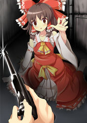  :o ascot blush bow breasts brown_eyes brown_hair cocking_gun commentary_request cookie_(touhou) darkness detached_sleeves disembodied_hand dress empty_eyes female glint gun hair_tubes hakurei_reimu handgun highres kanna_(cookie) large_bow long_hair luger_p08 medium_breasts pov sarashi sash sitting socks solo_focus suzuki_(cookie) szk touhou wariza weapon 