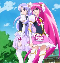  aino_megumi boots cloud cure_fortune cure_lovely duo happiness_charge_precure! happinesscharge_precure! hikawa_iona pink_eyes pink_hair ponytail precure purple_eyes purple_hair screencap shrine sky thigh_boots thighhighs tree violet_eyes 