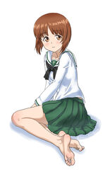  bad_id bad_pixiv_id bare_legs barefoot blouse blush brown_eyes brown_hair feet female full_body girls_und_panzer green_skirt highres long_sleeves miniskirt nishizumi_miho ooarai_school_uniform pleated_skirt school_uniform serafuku shadow shirt short_hair simple_background sitting skirt soles solo souji_kurokawa toes white_background white_shirt 