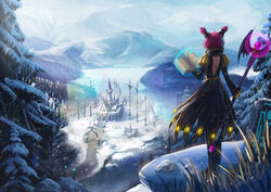  book commentary dragon_nest fantasy female mountain outdoors photoshop_(medium) red_hair saber_01 scenery snow snowscape solo sorceress_(dragon_nest) staff 