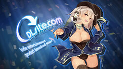  :d animal animal_on_shoulder artist_name bird bird_on_shoulder black_hat black_leotard black_thighhighs blue_coat blush breasts chig cleavage coat cowboy_shot curly_hair dlsite.com dove female grey_hair hat heart heart_print highres large_breasts leotard long_hair long_sleeves looking_at_viewer monocle open_mouth outstretched_arm purple_eyes smile solo teeth thighhighs thighs top_hat watermark web_address xi_lily 