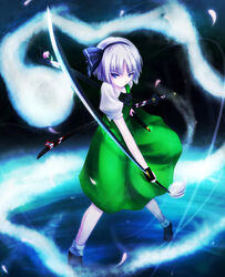  black_hairband blue_eyes cofi_(eternal) commentary_request dress female flower ghost grey_hair hair_ribbon hairband katana konpaku_youmu konpaku_youmu_(ghost) petals photoshop_(medium) ribbon short_hair solo sword touhou weapon 