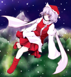  blue_eyes blue_hair boots breasts christmas cofi_(eternal) commentary_request dress female hat large_breasts letty_whiterock photoshop_(medium) pleated_skirt santa_hat scarf skirt snow solo touhou 