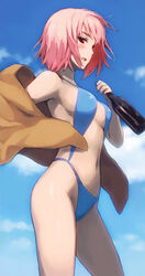  alcohol bikini blue_bikini blue_sky blush breasts cleavage cloud contrapposto day female highres hikuushi_series jacket medium_breasts morisawa_haruyuki navel off_shoulder open_mouth outdoors photoshop_(medium) pink_hair red_eyes scan short_hair sideboob sky slingshot_swimsuit solo standing swimsuit toaru_hikuushi_e_no_seiyaku 