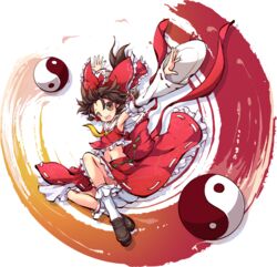  armpits arms_up ascot bloomers bobby_socks bow brown_eyes brown_hair commentary_request detached_sleeves female frills full_body hair_tubes hairbow hakurei_reimu large_bow loafers midriff ms06s navel open_mouth red_bow shoes skirt socks solo touhou transparent_background underwear wide_sleeves yin_yang 