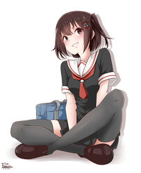  absurdres alternate_costume bad_id bad_pixiv_id bag black_serafuku black_skirt brown_eyes brown_hair cosplay double_bun female grey_thighhighs hair_bun highres indian_style kantai_collection looking_at_viewer neckerchief plasbott pleated_skirt school_bag school_uniform sendai_(kancolle) serafuku shiratsuyu_(kancolle) shiratsuyu_(kancolle)_(cosplay) sitting skirt smile solo thighhighs 