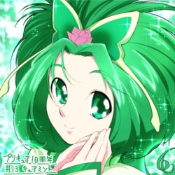  akimoto_komachi butterfly_hair_ornament commentary_request cure_mint female flower green_background green_eyes green_hair hair_flower hair_ornament long_hair magical_girl own_hands_together pink_flower pink_rose portrait precure rose smile solo sparkle yes!_precure_5 yoshimune 