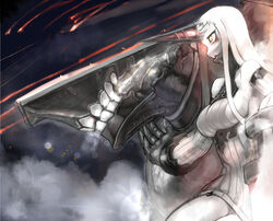  abyssal_ship arugeri bare_shoulders breasts commentary_request detached_sleeves dress female glowing glowing_eyes high_collar horns kantai_collection large_breasts long_hair monster pale_skin red_eyes ribbed_dress seaport_princess short_dress sideboob single_horn very_long_hair white_hair 