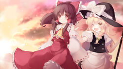  2girls ;d apron ascot bare_shoulders blonde_hair blouse blush bow braid broom brown_hair commentary detached_sleeves gengetsu_chihiro hair_tubes hairbow hakurei_reimu hat hat_bow hat_ribbon highres kirisame_marisa large_bow long_hair looking_at_viewer multiple_girls oerba_yun_fang one_eye_closed open_mouth patting_back photoshop_(medium) ponytail puffy_short_sleeves puffy_sleeves red_eyes ribbon shirt short_sleeves side_braid single_braid skirt skirt_set sleeves_past_wrists smile sunset touhou turtleneck very_long_hair vest waist_apron white_bow wide_sleeves witch_hat yellow_ascot yellow_eyes 