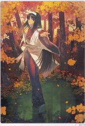  aikura_chihiro black_hair blue_eyes female hairband highres imageboard_desourced japanese_clothes kimono leaf long_hair maple_leaf non-web_source outstretched_arm outstretched_hand photoshop_(medium) red_kimono solo tohno_akiha tree tsukihime water 